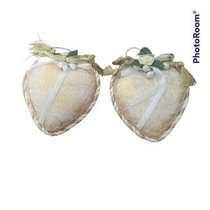 2 Vintage Shabby Chic Heart Gold & Blush Pink Christmas Ornaments